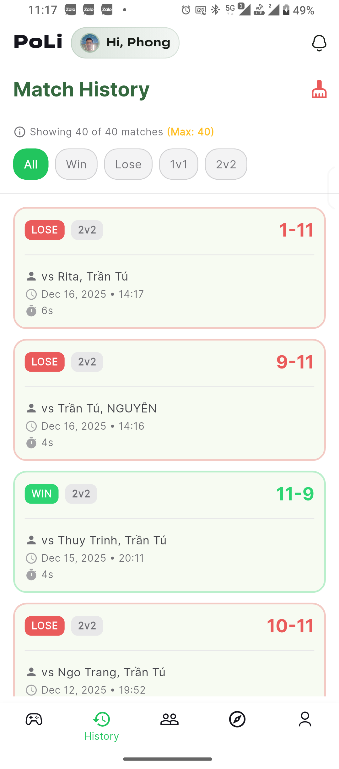 Match history list with win and lose badges, scores, opponents and timestamps