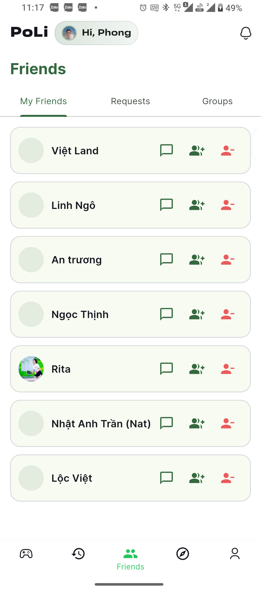 Friends tab with My Friends, Requests and Groups, each row offering chat, invite and remove actions