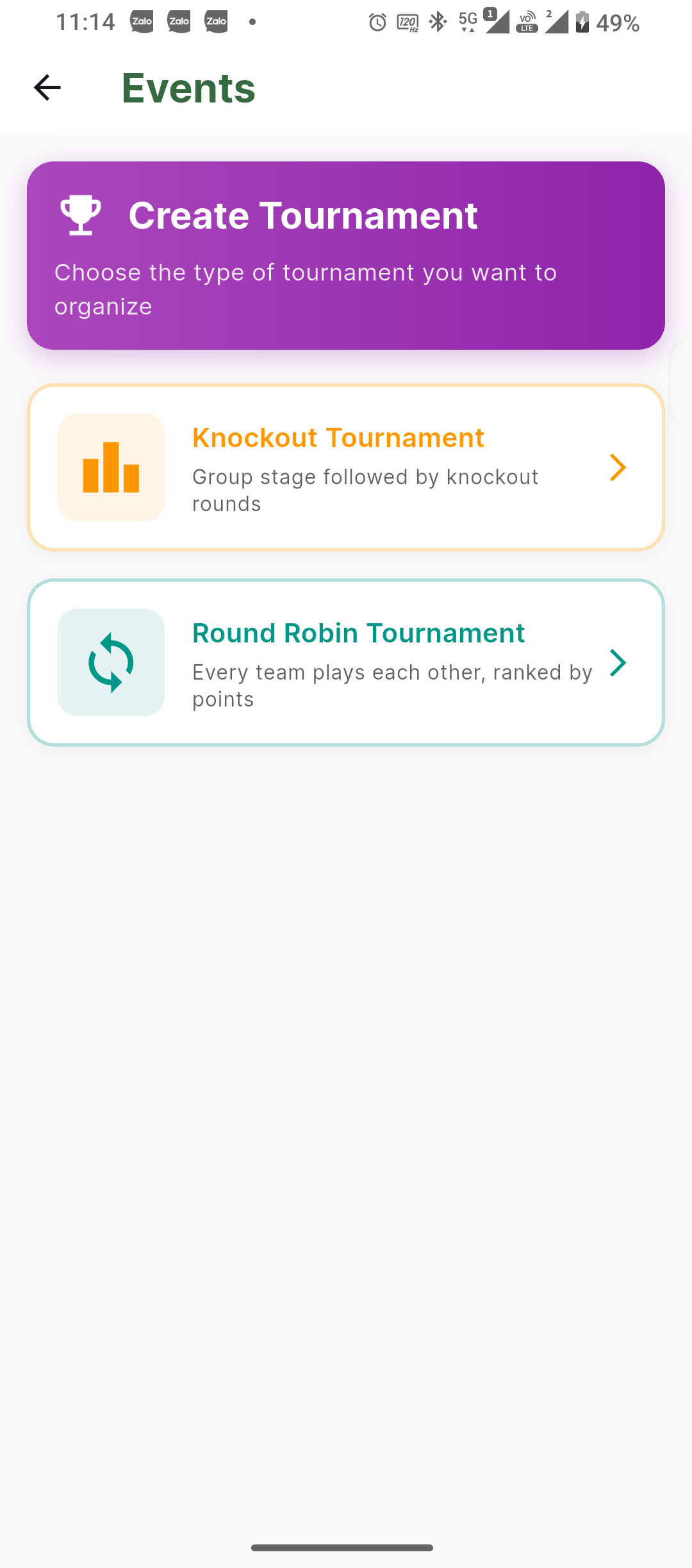Tournament creation screen offering knockout and round robin formats