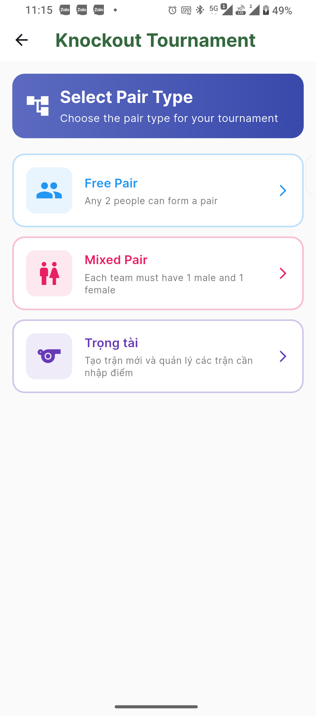 Pair type screen: free pair, mixed pair, or referee mode